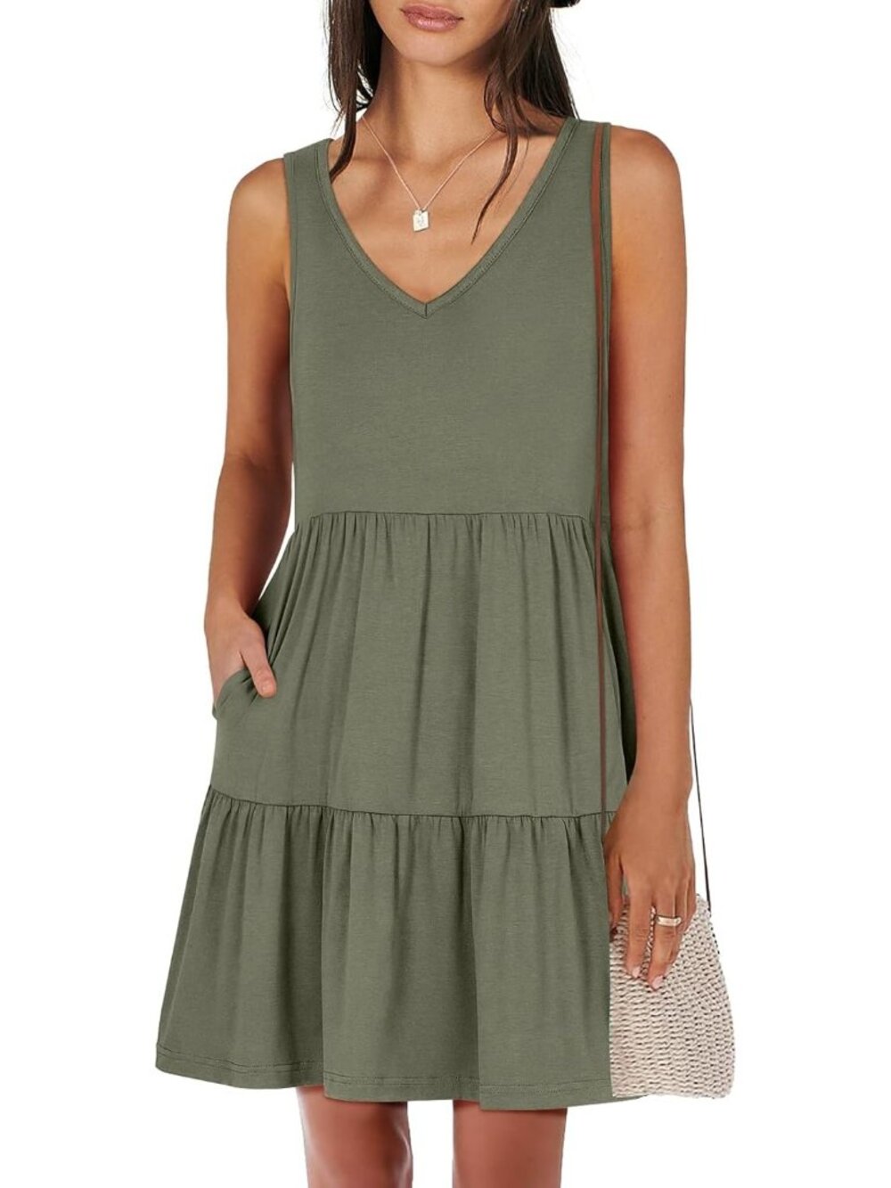 Women's Army Green Summer Casual Tank Dress Sleeveless V Neck T Shirt Sundress